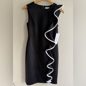 Calvin Klein Black Scuba Crepe Sheath Dress with White Trim Cascading Ruffle 4